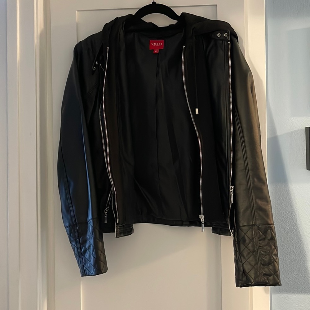 GUESS Women’s Faux Leather Moto Hooded Jacket